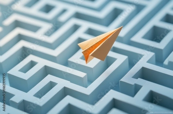 Obraz A maze with a paper airplane flying through it. The maze is blue and white and the airplane is orange