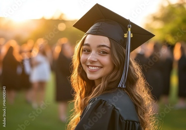 Obraz A woman wearing a graduation cap and gown is smiling for the camera. Concept of accomplishment and pride, as the woman is likely graduating from college