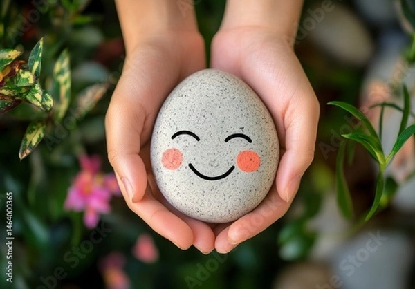 Obraz A person is holding a rock with a smiley face drawn on it. The rock is small and light in color, and the person's hand is holding it gently. Concept of happiness and positivity