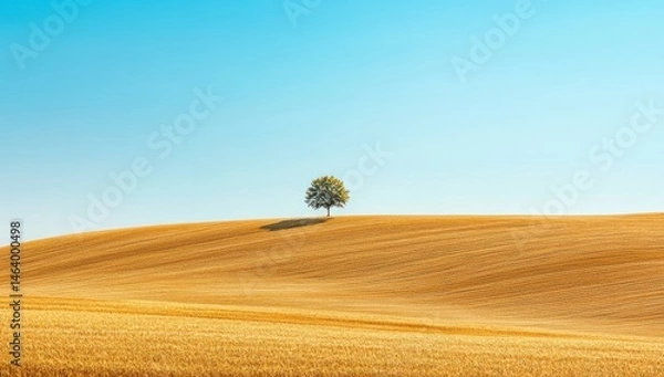 Fototapeta A lone tree stands in a field of tall grass. The sky is clear and blue, and the sun is shining brightly. The scene is peaceful and serene, with the tree providing a sense of calm