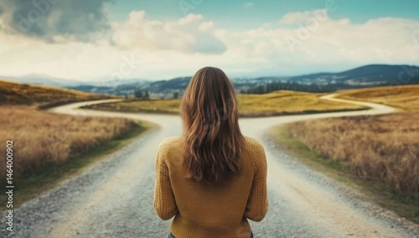 Obraz A woman stands on a road with two paths ahead of her. She is wearing a yellow sweater and looking ahead. The scene is peaceful and serene, with the woman seemingly contemplating which path to take