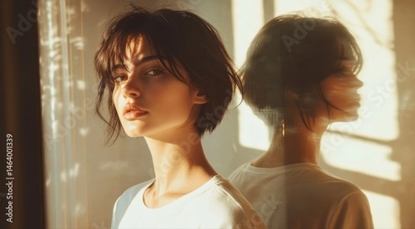 Obraz A woman with short hair and a white shirt is standing in front of a window. The sunlight is shining on her face, making her look beautiful and radiant