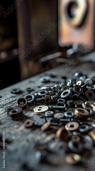 Fototapeta Intricacies of Machinery: A Textural Exploration of Timeworn Screws and Bolts in an Industrial Setting
