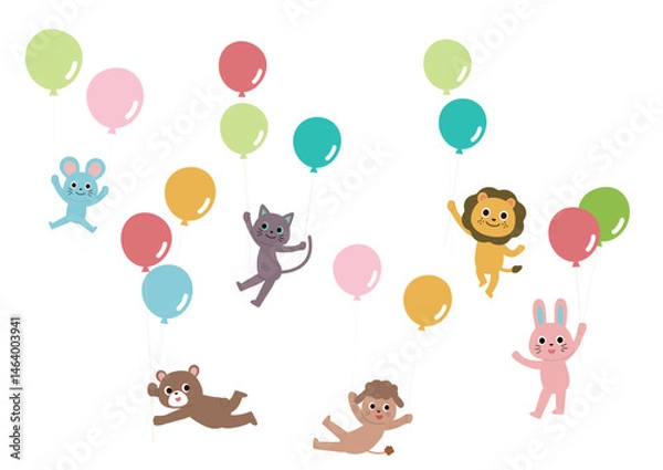 Obraz 風船でふわふわと飛んでいるかわいい動物たちのセットイラスト