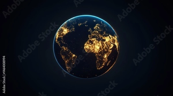 Fototapeta Cool Map: Illuminated Planet Earth Map with Global Continents on Black Concept Background
