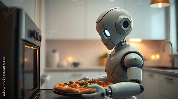 Obraz Futuristic Humanoid Robot Baking Pizza in Modern Smart Kitchen, Modern Technology Concept, Generative Ai