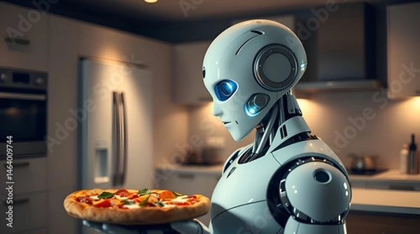 Obraz Futuristic Humanoid Robot Baking Pizza in Modern Smart Kitchen, Modern Technology Concept, Generative Ai