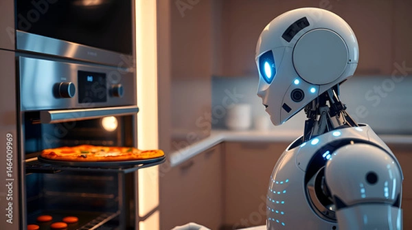 Obraz Futuristic Humanoid Robot Baking Pizza in Modern Smart Kitchen, Modern Technology Concept, Generative Ai