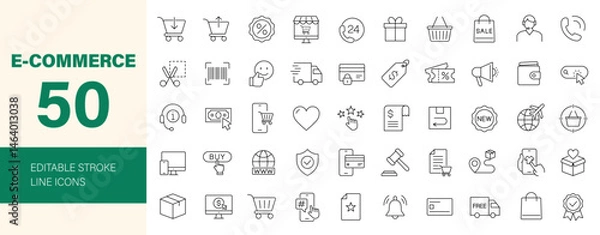 Fototapeta E-commerce icon set. Online shopping related line icons: online payment, discount, buy, shopping cart, delivery, credit card, customer service and more. Editable stroke. Vector illustration.