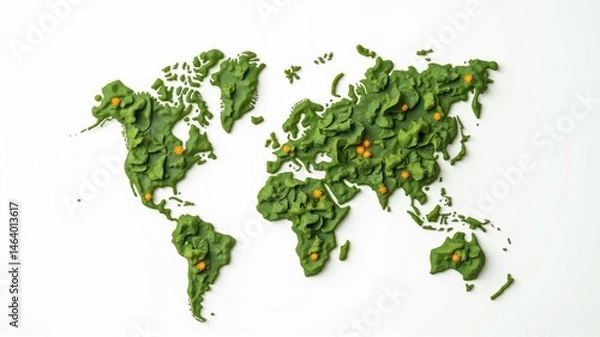 Fototapeta Minimalist global map of green leaves and orange dots in nature studio
