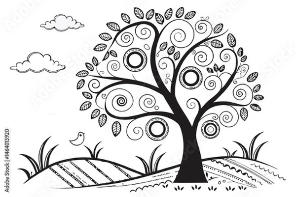 Fototapeta 71 Whimsical tree illustration, black and white drawing, intricate circular patterns, decorative foliage, stylized clouds, abstract nature design, zentangle-inspired, playful doodle art, organic shape