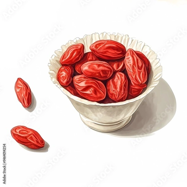 Fototapeta A close-up illustration of goji berries in a porcelain bowl, showcasing vibrant red berries. Ideal for healthy food, wellness, and superfood-related designs