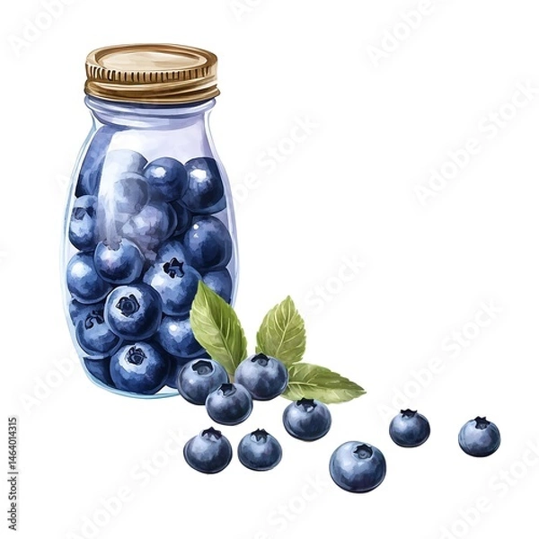 Fototapeta A detailed illustration of freshly harvested blueberries in a jar, with scattered berries and green leaves. Perfect for seasonal food preservation, winter preparations, and homemade preserves.