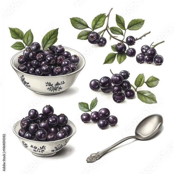 Fototapeta An illustration of chokeberries (Aronia), with fresh berries in bowls, sprigs, and leaves. Perfect for depicting healthy food, berry harvesting, and natural ingredients for homemade recipes.