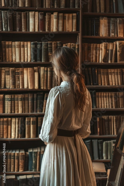 Obraz The library is filled with soft light and the scent of old books. A woman is browsing the history section, looking for a book on ancient civilizations