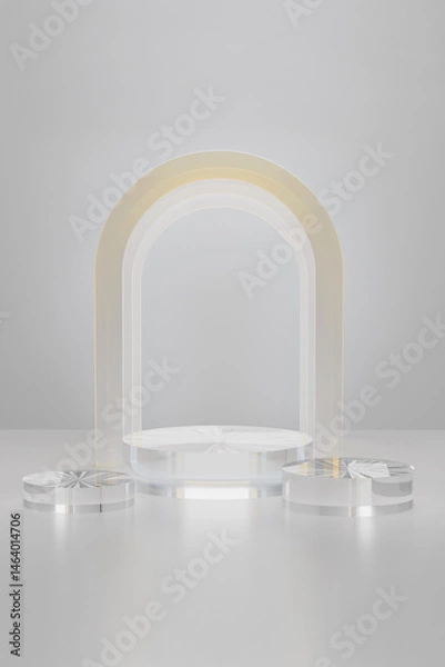 Fototapeta 3D realistic set of three cylindrical podium background of transparent glass, mockup, 3d rendering. White scene, light shining yellow arch. Minimalist stage for placement product, showcase platform.