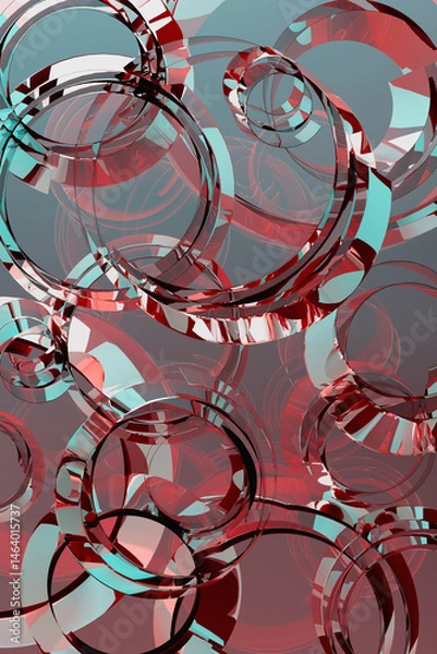 Fototapeta Abstract colorful background with pattern of bubbles, curls, circles of blue, pink, red glossy plastic with energy, dynamic, playful, art vibe for business, science, party, holiday. 3D rendering.