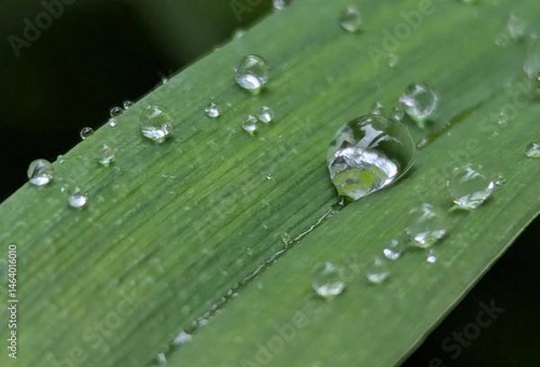 Obraz Spring raindrops that remain on broad or tall leaves of plants for some time. Wild or ornamental flowers that nourish the plant during the spring, active growth of the crop