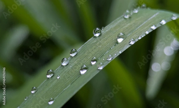 Obraz Spring raindrops that remain on broad or tall leaves of plants for some time. Wild or ornamental flowers that nourish the plant during the spring, active growth of the crop