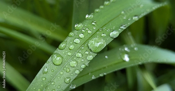 Obraz Spring raindrops that remain on broad or tall leaves of plants for some time. Wild or ornamental flowers that nourish the plant during the spring, active growth of the crop