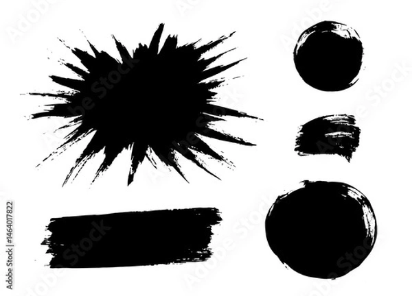 Fototapeta Burst and round brush strokes. Exploding paint texture backgrounds. Grunge text boxes with rays. Painted round and rectangle banners for authentic design vibe. Bursting brush stamps