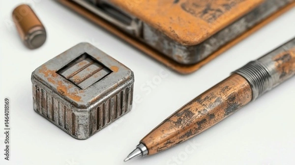 Fototapeta Rustic Metal Desk Set: Pen, Case, & Cube