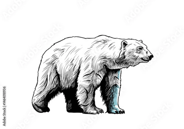 Fototapeta Stylized hand-drawn vector image of a polar bear in side profile with subtle shading and a hint of blue in the leg. Ideal for wildlife, ecology, and climate change projects.
