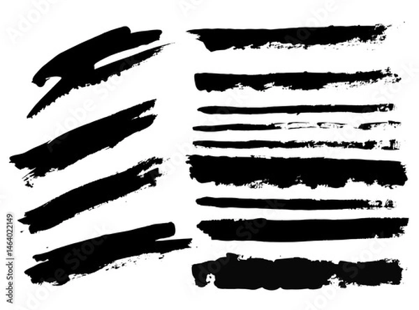 Fototapeta Vector brush stroke textures of long and rectangle shapes. Paint text boxes and paintbrush collection. Grunge banners for authentic design vibe. Painted backgrounds. Wide and thin brush elements