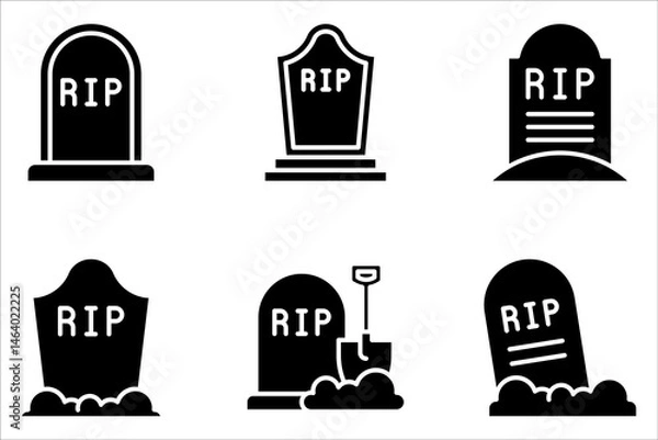 Fototapeta Tombstone icons set. stroke line and black solid icons on white background
