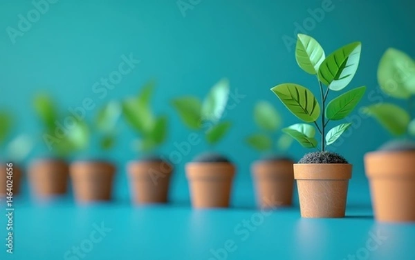 Obraz Growth and potential  Several small plants in terracotta pots, one stands out