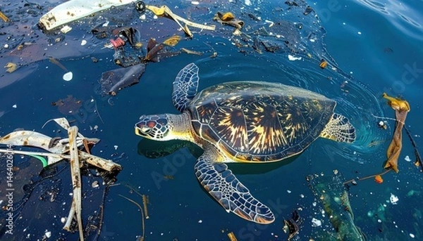 Obraz Sea turtle swimming amidst plastic debris and ocean pollution, highlighting the environmental crisis affecting marine life