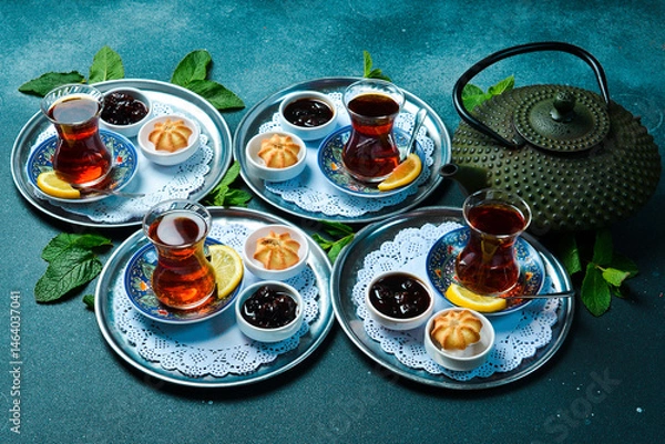 Obraz Tea ceremony. Azerbaijani traditional serving of tea. Black tea in a cast iron teapot. Top view.