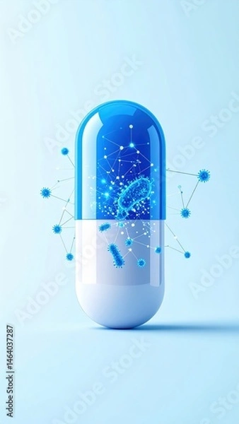 Obraz A blue capsule with digital bacteria and molecules inside, representing modern medicine or probiotics on a light blue background.
