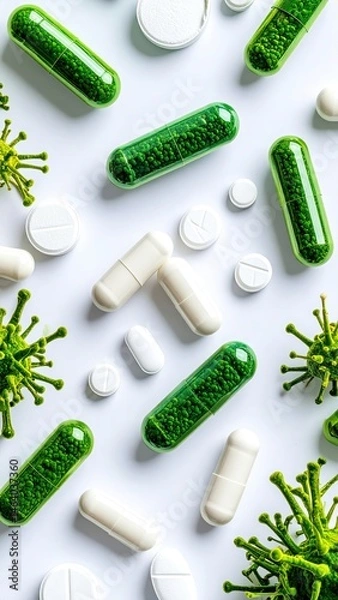 Obraz Assorted white tablets, green capsules, and virus models arranged on a white background.