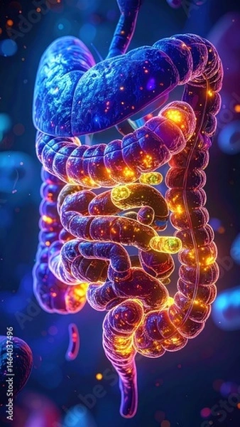 Obraz A glowing, digital illustration of the human digestive system, highlighting the intestines with vibrant colors and luminous details.