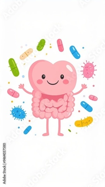 Obraz Cute cartoon gut character surrounded by colorful probiotics and bacteria, symbolizing digestive health and a happy microbiome.