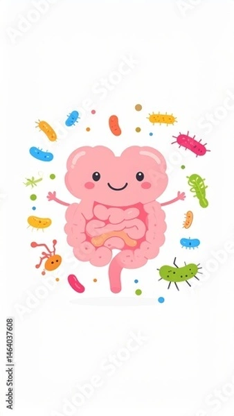 Obraz Cute cartoon intestines surrounded by colorful, smiling gut bacteria, illustrating digestive health and microbiome.