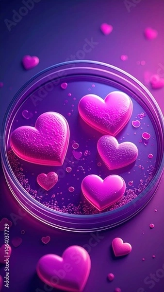Obraz Pink heart shapes in a petri dish on a purple background, creating a vibrant, romantic, and scientific fusion.