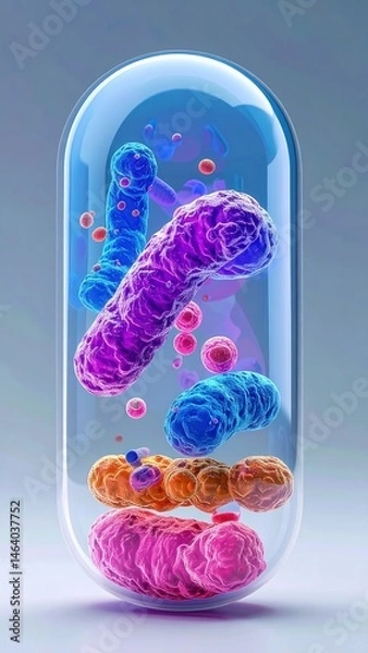 Fototapeta Colorful bacteria and microbes encapsulated inside a transparent pill, symbolizing probiotics or microbiome science.