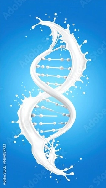 Obraz A DNA double helix made of splashing milk against a blue background, symbolizing the connection between genetics and dairy.