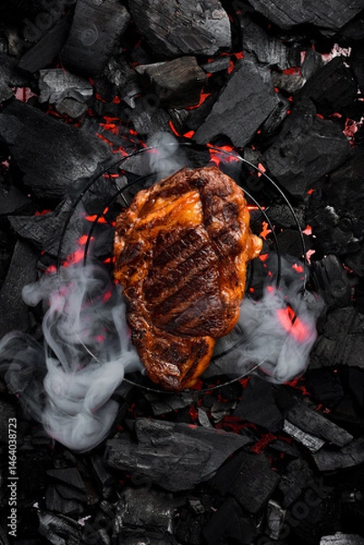Obraz Juicy prime ribeye steak on the grill, close-up. Black Angus steak. On charcoal. Top view.