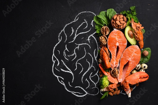 Obraz A picture of the brain drawn in chalk with various food products: fish, meat, nuts, vegetables and greens. Healthy food.
