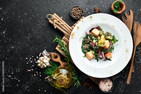 Obraz Fresh salad with salmon and quinoa. Healthy food. On a white plate. Rustic style.