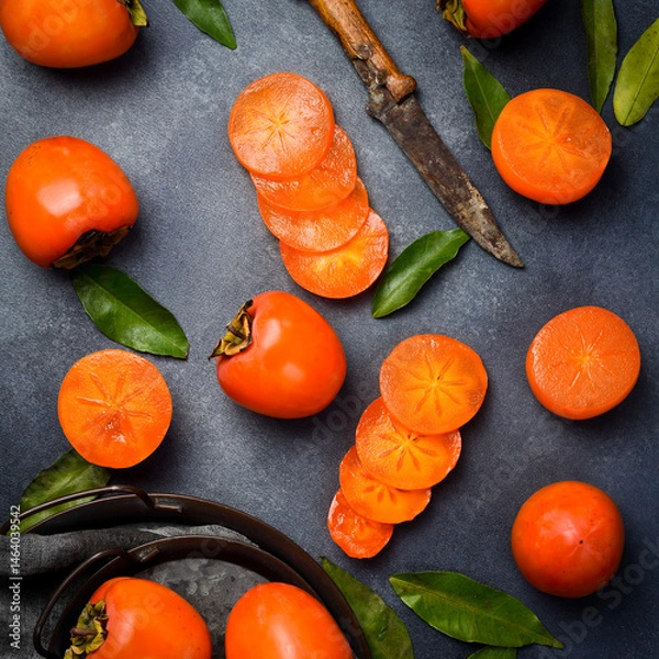 Obraz Sliced ​​and whole persimmon fruits on a gray stone table. Top view. Autumn seasonal fruits.