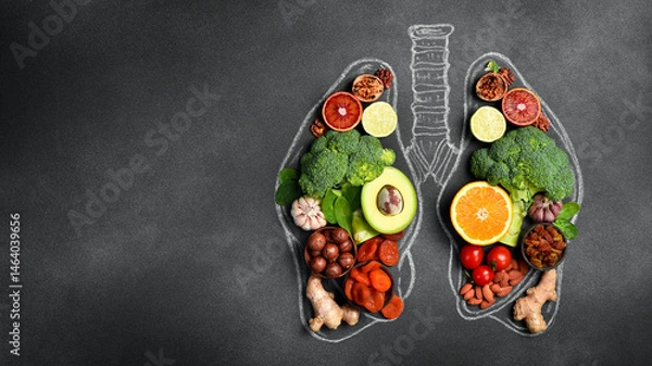 Obraz Conceptual image of fruits, vegetables and nuts for lung and breathing health. On black monochrome background. Top view.