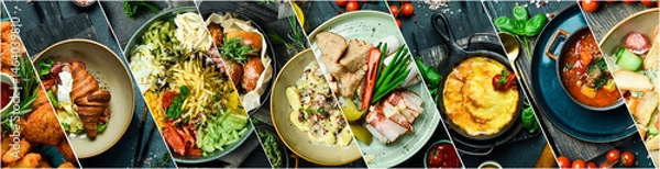 Obraz Collage. Assortment of dishes from different countries of the world. Food and snacks.