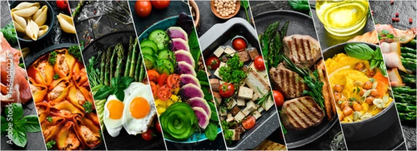 Obraz Food and dishes in plates. Healthy food. on a dark stone background. Photo collage, banner from photos.