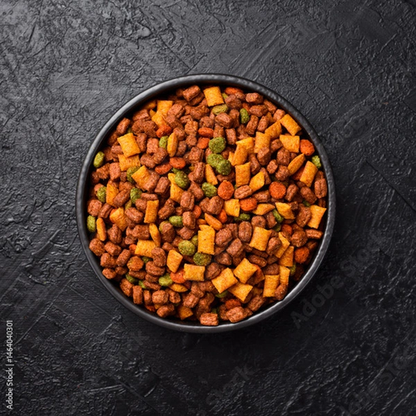 Obraz Bowl of pet food. Nutritious healthy diet pet food. On a black textured background.