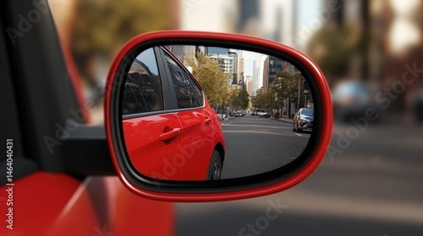 Fototapeta A red car is reflected in its side mirror, showing a city street with buildings and trees in the background.
