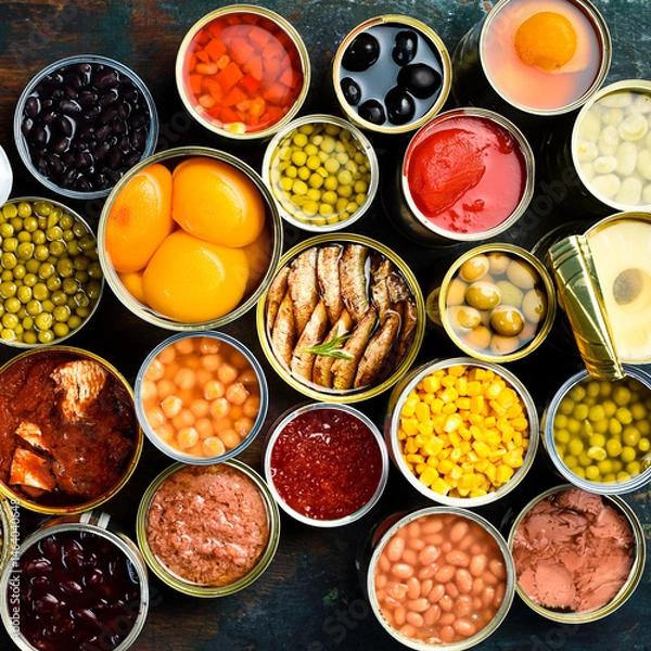 Obraz A large set of pickled and canned foods on the background. Metal cans with canned vegetables, beans, fish, seafood and fruit. Top view.